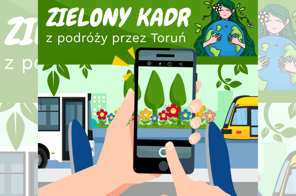 Grafika promująca konkurs fotograficzny MZK - smartfon w dłoniach