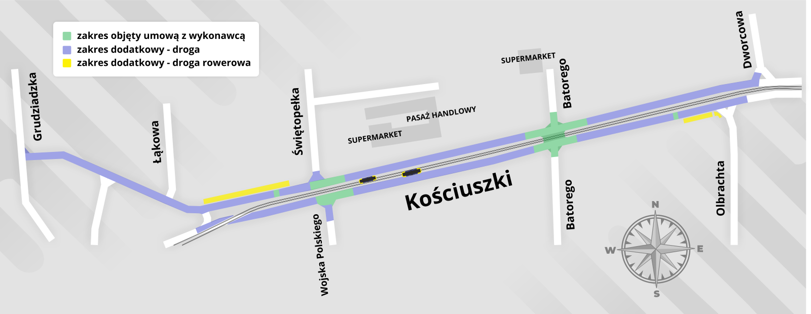 Zakres prac na ul. Kościuszki w Toruniu - mapka